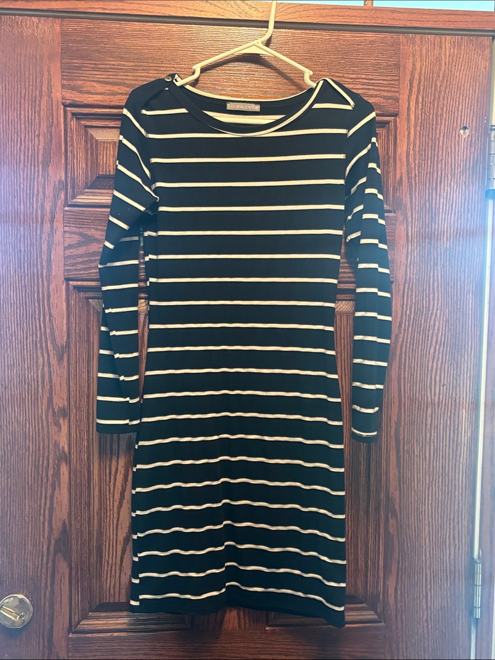 Loveappella Navy Blue and White Striped Long Sleeve Bodycon Dress